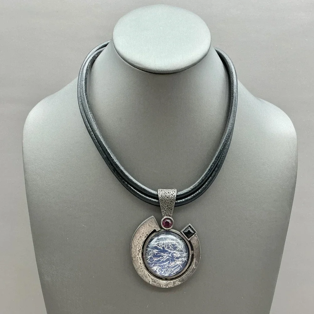 Chico's Necklace Black Double Cord Silver Tone Blue Art Glass Statement Pendant